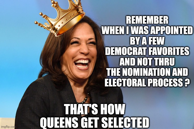 Kamala Harris laughing | REMEMBER WHEN I WAS APPOINTED BY A FEW DEMOCRAT FAVORITES AND NOT THRU THE NOMINATION AND ELECTORAL PROCESS ? THAT'S HOW QUEENS GET SELECTED | image tagged in kamala harris laughing | made w/ Imgflip meme maker