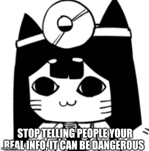 cat eyes | STOP TELLING PEOPLE YOUR REAL INFO, IT CAN BE DANGEROUS | image tagged in cat eyes | made w/ Imgflip meme maker