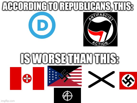 Republicans really think this | ACCORDING TO REPUBLICANS, THIS:; IS WORSE THAN THIS: | image tagged in blank white template | made w/ Imgflip meme maker