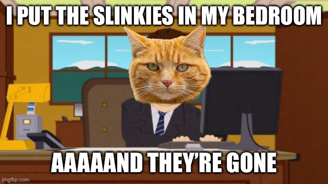 You know the cats stole it… | I PUT THE SLINKIES IN MY BEDROOM; AAAAAND THEY’RE GONE | image tagged in memes,aaaaand its gone,cats,slinky,bedroom,funny | made w/ Imgflip meme maker