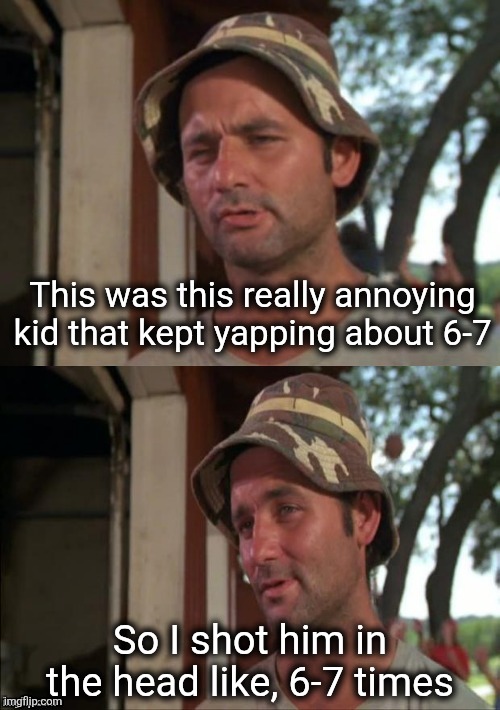 heh | This was this really annoying kid that kept yapping about 6-7; So I shot him in the head like, 6-7 times | image tagged in bill murray bad joke,funny,lol so funny,67,guns,gun | made w/ Imgflip meme maker