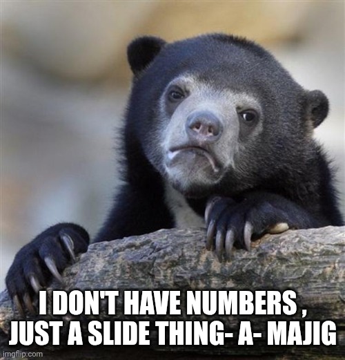 sad bear | I DON'T HAVE NUMBERS , JUST A SLIDE THING- A- MAJIG | image tagged in sad bear | made w/ Imgflip meme maker