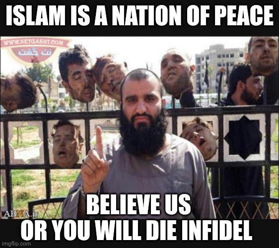 ISLAM IS A NATION OF PEACE BELIEVE US
OR YOU WILL DIE INFIDEL | made w/ Imgflip meme maker