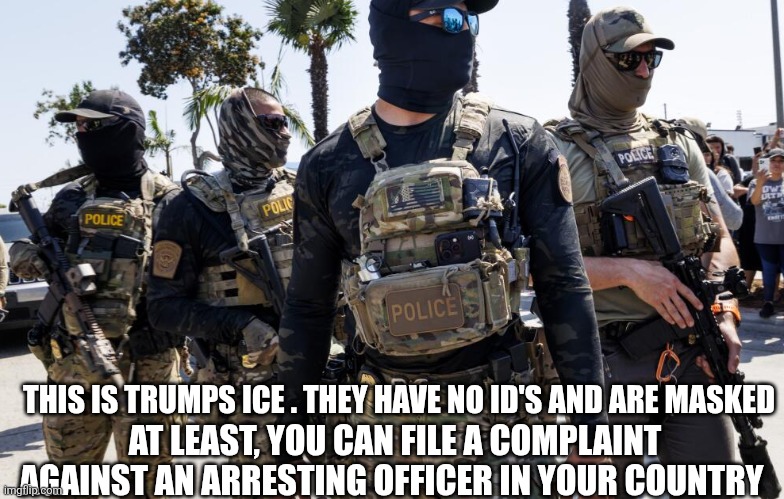 Masked ICE agents are hiding criminals 1/6 militia | THIS IS TRUMPS ICE . THEY HAVE NO ID'S AND ARE MASKED AT LEAST, YOU CAN FILE A COMPLAINT AGAINST AN ARRESTING OFFICER IN YOUR COUNTRY | image tagged in masked ice agents are hiding criminals 1/6 militia | made w/ Imgflip meme maker