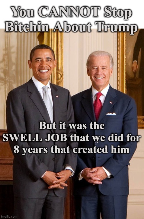 You have them to thank | You CANNOT Stop Bitchin About Trump; But it was the SWELL JOB that we did for 8 years that created him | image tagged in bitching about trump obama biden meme | made w/ Imgflip meme maker