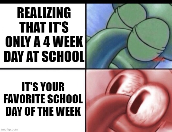 Thursday's my lucky day | REALIZING THAT IT'S ONLY A 4 WEEK DAY AT SCHOOL; IT'S YOUR FAVORITE SCHOOL DAY OF THE WEEK | image tagged in squidward sleeping | made w/ Imgflip meme maker