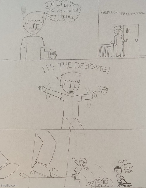 Chris falls of the porch after drunkenly mistaking the sound a lawnmower for a helicopter (PearlFan’s idea) | made w/ Imgflip meme maker