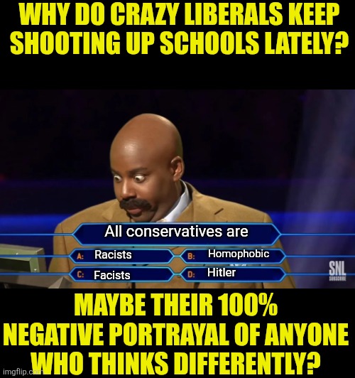 If liberals, progressives, feminists, and basic whackos keep attacking conservatives... they might start attacking back! | WHY DO CRAZY LIBERALS KEEP SHOOTING UP SCHOOLS LATELY? All conservatives are; Homophobic; Racists; Hitler; Facists; MAYBE THEIR 100% NEGATIVE PORTRAYAL OF ANYONE WHO THINKS DIFFERENTLY? | image tagged in multiple choice game show,liberal logic,liberal hypocrisy,insane,crying democrats,violence | made w/ Imgflip meme maker