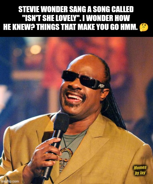 Hmm | STEVIE WONDER SANG A SONG CALLED "ISN'T SHE LOVELY". I WONDER HOW HE KNEW? THINGS THAT MAKE YOU GO HMM. 🤔; Memes by Jay | image tagged in stevie wonder solar eclipse,lovely,music,hmmmm | made w/ Imgflip meme maker