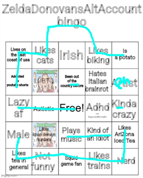 ZeldaDonovansAltAccount bingo | not diagnosed(formally) | image tagged in zeldadonovansaltaccount bingo | made w/ Imgflip meme maker