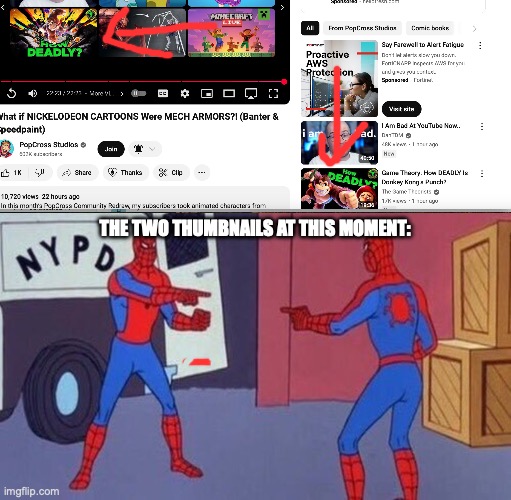 Interesting YouTube Quirk | THE TWO THUMBNAILS AT THIS MOMENT: | image tagged in spiderman pointing at spiderman,youtube,game theory,mario,glitch,cool | made w/ Imgflip meme maker