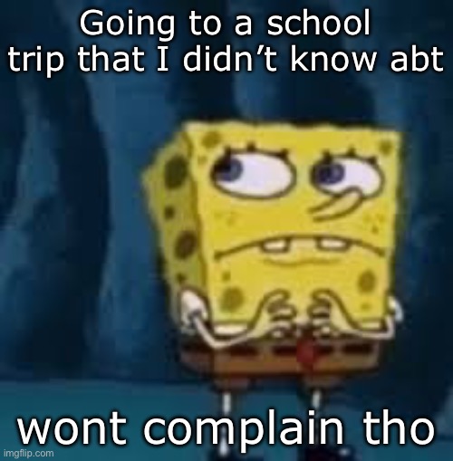 Nervous SpongeBob | Going to a school trip that I didn’t know abt; wont complain tho | image tagged in nervous spongebob | made w/ Imgflip meme maker