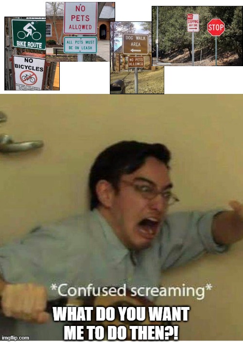 Contradictions | WHAT DO YOU WANT
ME TO DO THEN?! | image tagged in confused screaming | made w/ Imgflip meme maker