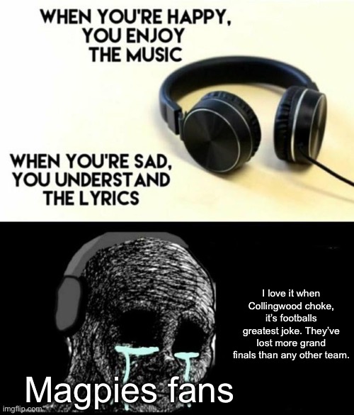 I love it when Collingwood choke (for the next time the magpies lose another grand finals) | I love it when Collingwood choke, it’s footballs greatest joke. They’ve lost more grand finals than any other team. Magpies fans | image tagged in when your sad you understand the lyrics | made w/ Imgflip meme maker