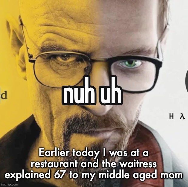 No I'm not joking this shit literally happened at a fazoli's | Earlier today I was at a restaurant and the waitress explained 67 to my middle aged mom | image tagged in nuh uh | made w/ Imgflip meme maker
