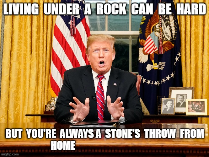 Out From Under | LIVING  UNDER  A  ROCK  CAN  BE  HARD; BUT  YOU'RE  ALWAYS A  STONE'S  THROW  FROM  HOME | made w/ Imgflip meme maker