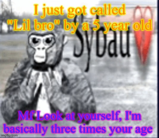 Gtag sybau 2 | I just got called "Lil bro" by a 5 year old; Mf Look at yourself, I'm basically three times your age | image tagged in gtag sybau 2 | made w/ Imgflip meme maker
