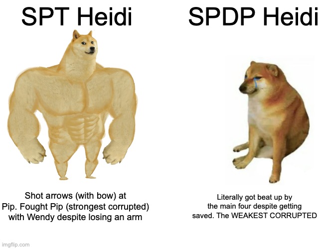 Buff Doge vs. Cheems Meme | SPT Heidi; SPDP Heidi; Shot arrows (with bow) at Pip. Fought Pip (strongest corrupted) with Wendy despite losing an arm; Literally got beat up by the main four despite getting saved. The WEAKEST CORRUPTED | image tagged in memes,buff doge vs cheems | made w/ Imgflip meme maker