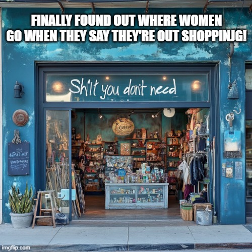 shit you don't need store | FINALLY FOUND OUT WHERE WOMEN GO WHEN THEY SAY THEY'RE OUT SHOPPINJG! | image tagged in wife shopping,woman's store,junk store,shit you don't need,funny memes | made w/ Imgflip meme maker