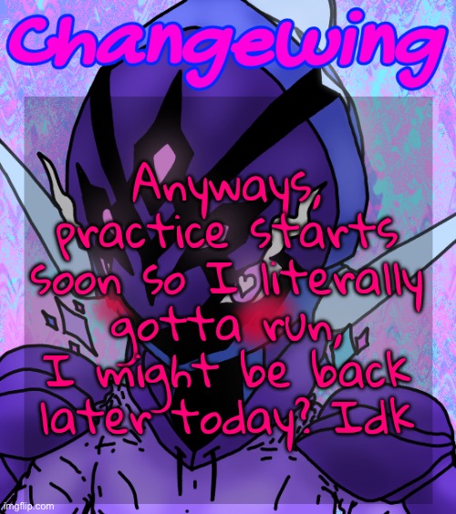 Bai | Anyways, practice starts soon so I literally gotta run, I might be back later today? Idk | image tagged in changewing gayshit template the idk how many atp | made w/ Imgflip meme maker
