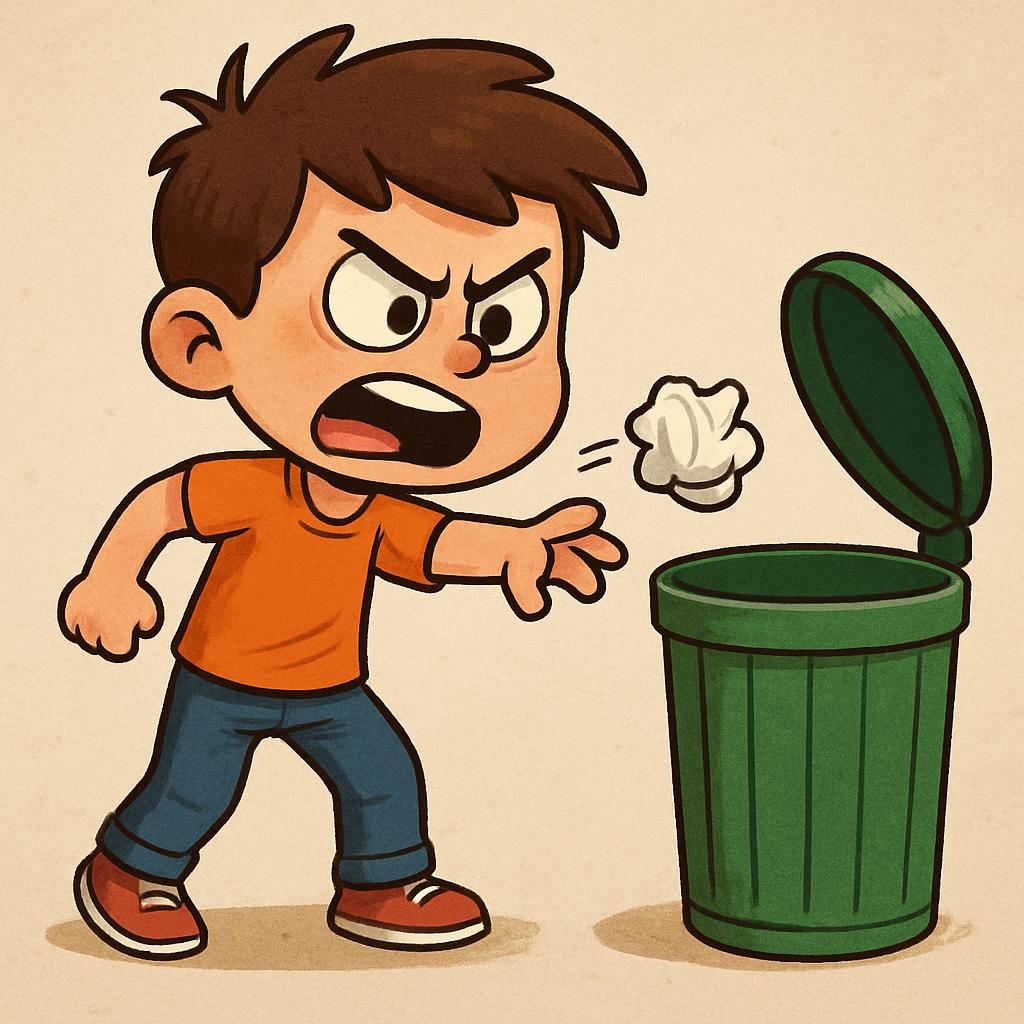 Create an angry character throwing trash into the bin. Blank Meme Template