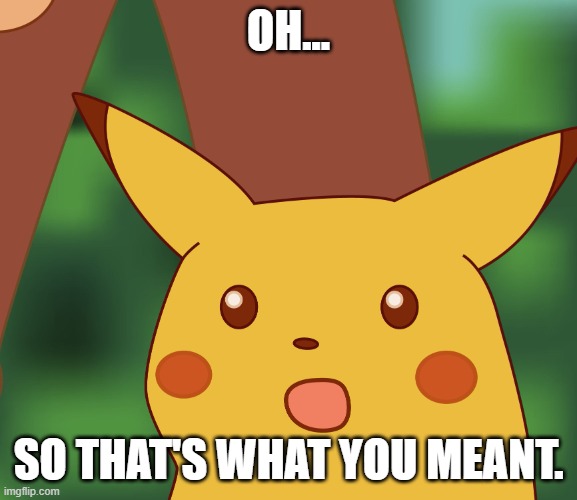 OH... SO THAT'S WHAT YOU MEANT. | image tagged in surprised pikachu hd | made w/ Imgflip meme maker