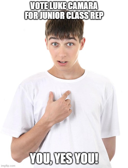 guy pointing at himself | VOTE LUKE CAMARA FOR JUNIOR CLASS REP; YOU, YES YOU! | image tagged in guy pointing at himself | made w/ Imgflip meme maker