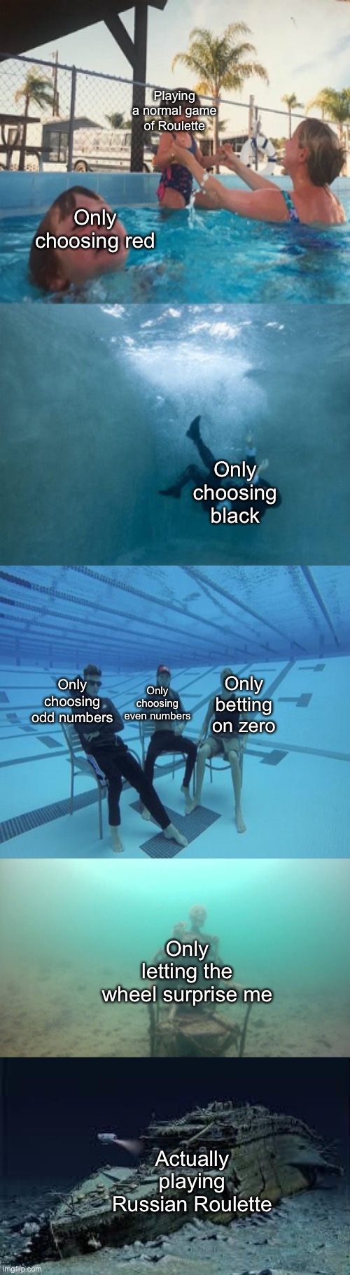 Litterally me when I play roulette | Playing a normal game of Roulette; Only choosing red; Only choosing black; Only choosing odd numbers; Only betting on zero; Only choosing even numbers; Only letting the wheel surprise me; Actually playing Russian Roulette | image tagged in kid drowning in pool 5 panel | made w/ Imgflip meme maker