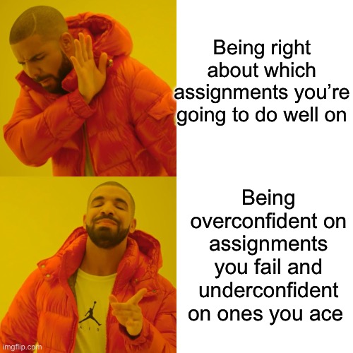 Test anxiety | Being right about which assignments you’re going to do well on; Being overconfident on assignments you fail and underconfident on ones you ace | image tagged in memes,drake hotline bling,school,grades | made w/ Imgflip meme maker
