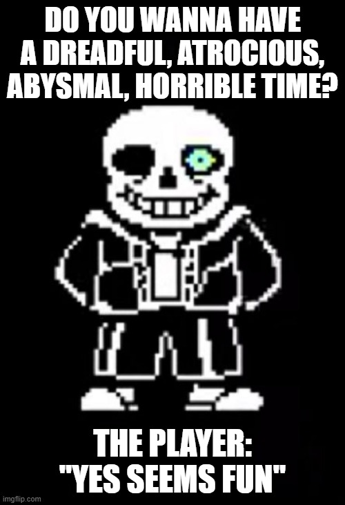Sans the Skeleton | DO YOU WANNA HAVE A DREADFUL, ATROCIOUS, ABYSMAL, HORRIBLE TIME? THE PLAYER: "YES SEEMS FUN" | image tagged in sans the skeleton | made w/ Imgflip meme maker