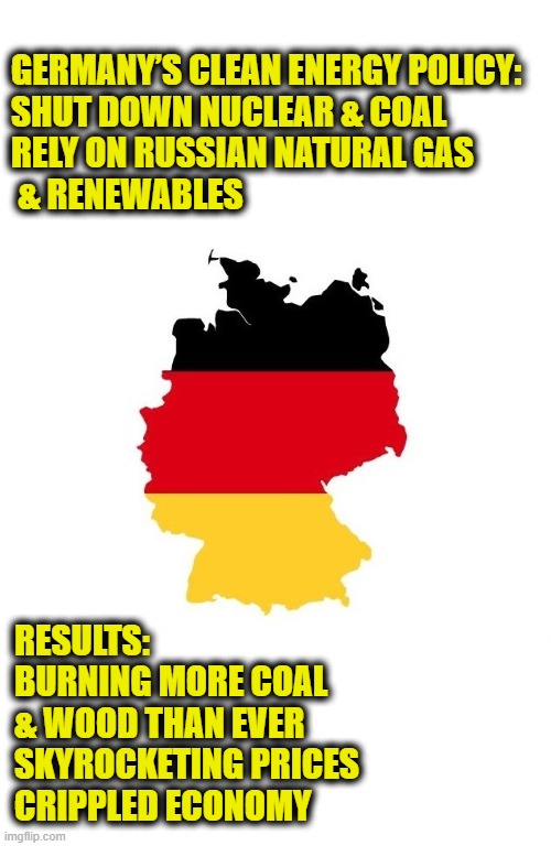 When ideology is more important than results | GERMANY’S CLEAN ENERGY POLICY:
SHUT DOWN NUCLEAR & COAL
RELY ON RUSSIAN NATURAL GAS
 & RENEWABLES; RESULTS:
BURNING MORE COAL 
& WOOD THAN EVER
SKYROCKETING PRICES 
CRIPPLED ECONOMY | image tagged in leftists | made w/ Imgflip meme maker