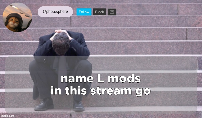 cooked guy | name L mods in this stream go | image tagged in cooked guy | made w/ Imgflip meme maker
