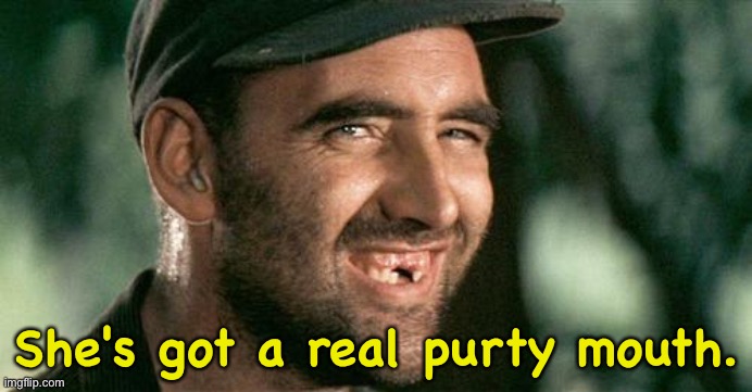 She's got a real purty mouth. | image tagged in deliverance hillbilly | made w/ Imgflip meme maker
