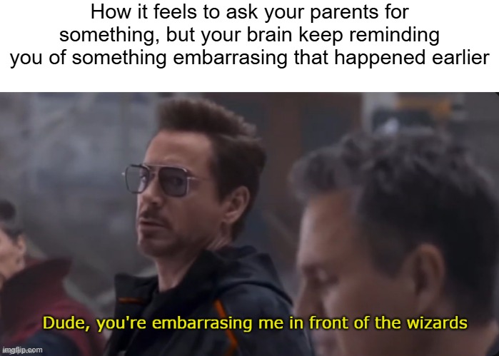 the brain is a strange entity | How it feels to ask your parents for something, but your brain keep reminding you of something embarrasing that happened earlier | image tagged in dude you're embarrasing me in front of the wizards,funny,memes | made w/ Imgflip meme maker