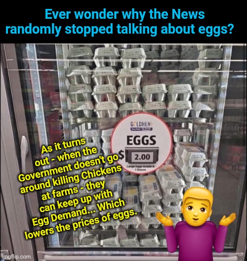 Weird how a change in administration changed the egg industry | Ever wonder why the News randomly stopped talking about eggs? As it turns out - when the Government doesn't go around killing Chickens at farms - they can keep up with Egg Demand... Which lowers the prices of eggs. | image tagged in eggs,inflation,government corruption | made w/ Imgflip meme maker