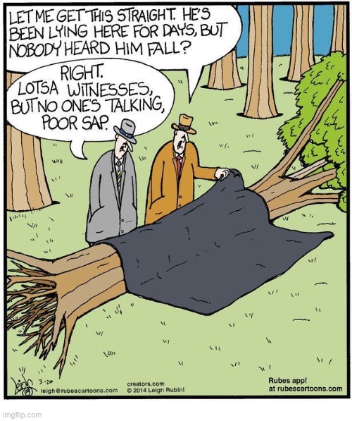 Rubes | image tagged in comics,rubes,fallen tree,crime scene,nobody heard,poor sap | made w/ Imgflip meme maker