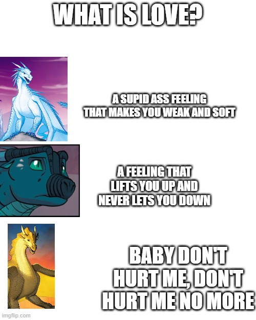 what is love | WHAT IS LOVE? A SUPID ASS FEELING THAT MAKES YOU WEAK AND SOFT; A FEELING THAT LIFTS YOU UP AND NEVER LETS YOU DOWN; BABY DON'T HURT ME, DON'T HURT ME NO MORE | image tagged in wings of fire | made w/ Imgflip meme maker