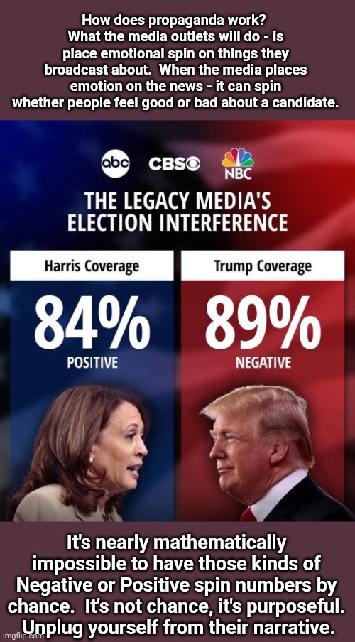 How does propaganda work?  What the media outlets will do - is place emotional spin on things they broadcast about.  When the media places emotion on the news - it can spin whether people feel good or bad about a candidate. It's nearly mathematically impossible to have those kinds of Negative or Positive spin numbers by chance.  It's not chance, it's purposeful.  Unplug yourself from their narrative. | image tagged in cnn fake news,msnbc,abc,cbs,fox news,disney | made w/ Imgflip meme maker