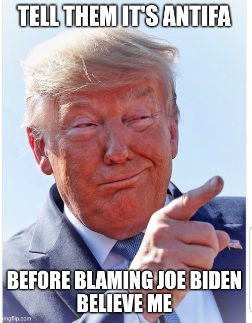Trump pointing | TELL THEM IT'S ANTIFA BEFORE BLAMING JOE BIDEN 
BELIEVE ME | image tagged in trump pointing | made w/ Imgflip meme maker