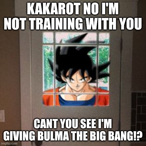 Uhhhh.... | KAKAROT NO I'M NOT TRAINING WITH YOU CANT YOU SEE I'M GIVING BULMA THE BIG BANG!? | image tagged in goku appears at your door,sus,vegeta,sussy | made w/ Imgflip meme maker