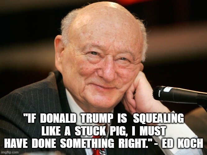 Wisewords | "IF  DONALD  TRUMP  IS   SQUEALING  LIKE  A  STUCK  PIG,  I  MUST  HAVE  DONE  SOMETHING  RIGHT." -  ED  KOCH | made w/ Imgflip meme maker