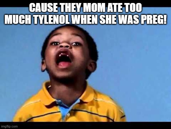 CAUSE THEY MOM ATE TOO MUCH TYLENOL WHEN SHE WAS PREG! | image tagged in that's racist 2 | made w/ Imgflip meme maker