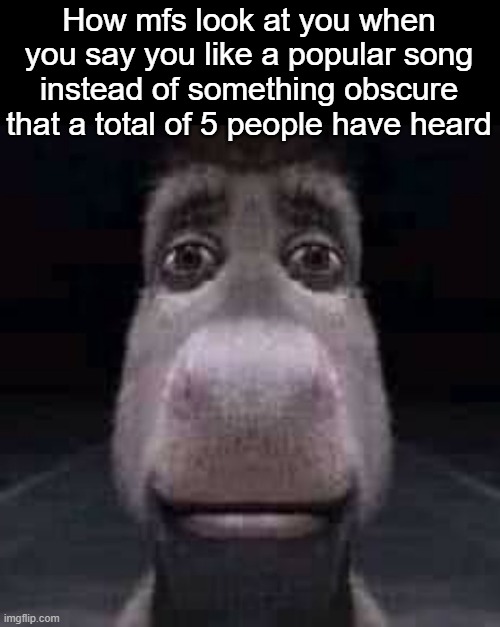 . | How mfs look at you when you say you like a popular song instead of something obscure that a total of 5 people have heard | image tagged in donkey staring | made w/ Imgflip meme maker