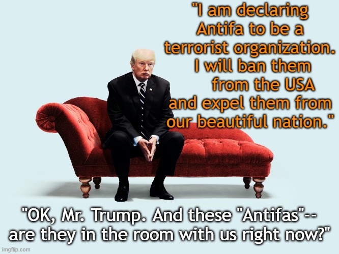 tRump bans Antifa | "I am declaring Antifa to be a terrorist organization.  I will ban them      from the USA and expel them from our beautiful nation."; "OK, Mr. Trump. And these "Antifas"-- are they in the room with us right now?" | image tagged in antifa,trump,nevertrump meme,donald trump approves,president trump,maga | made w/ Imgflip meme maker