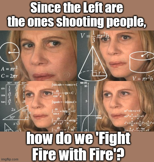 Thanks for more division this weekend Kamala | Since the Left are the ones shooting people, how do we 'Fight Fire with Fire'? | image tagged in calculating meme | made w/ Imgflip meme maker