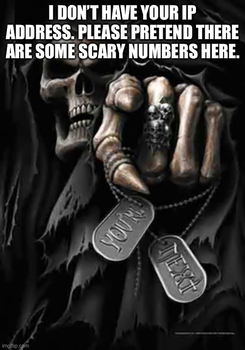 . | I DON’T HAVE YOUR IP ADDRESS. PLEASE PRETEND THERE ARE SOME SCARY NUMBERS HERE. | made w/ Imgflip meme maker