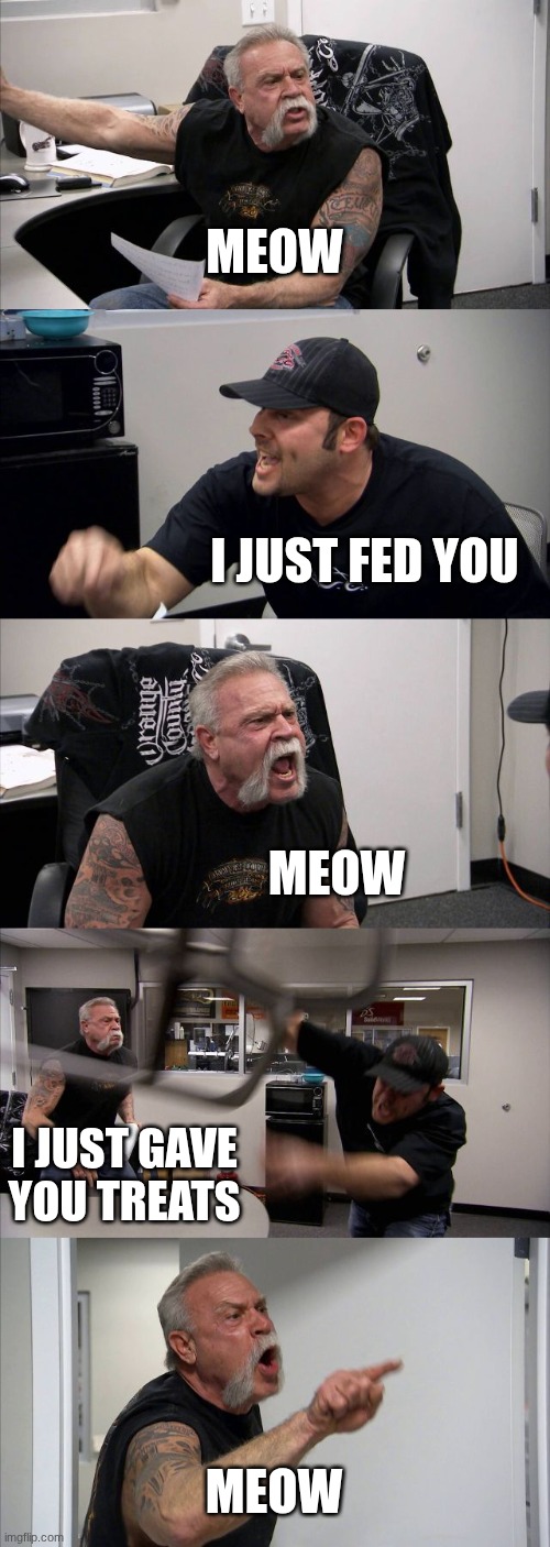 American Chopper Argument | MEOW; I JUST FED YOU; MEOW; I JUST GAVE YOU TREATS; MEOW | image tagged in memes,american chopper argument | made w/ Imgflip meme maker
