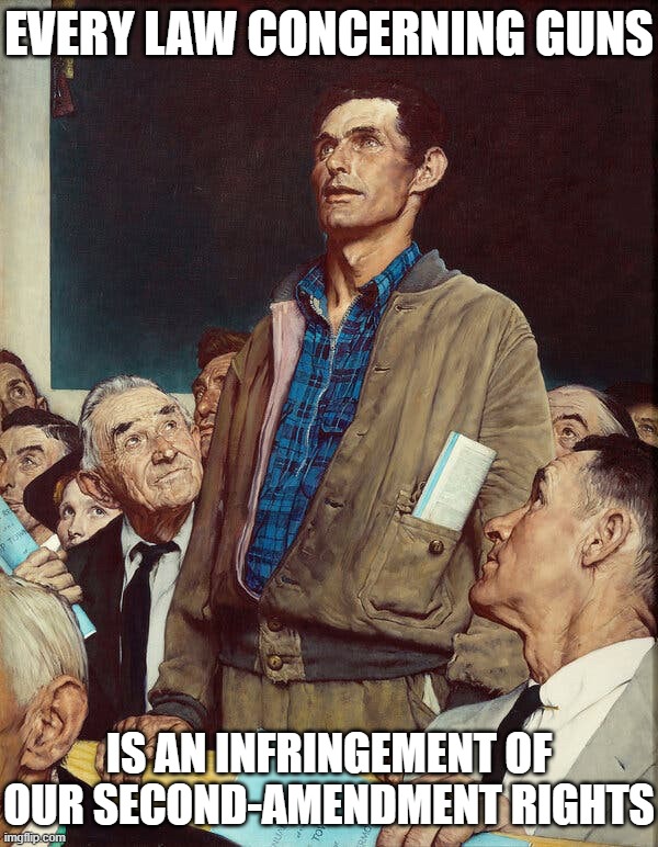 Guns, 2A | EVERY LAW CONCERNING GUNS; IS AN INFRINGEMENT OF OUR SECOND-AMENDMENT RIGHTS | image tagged in man in the crowd standing up to make a point | made w/ Imgflip meme maker