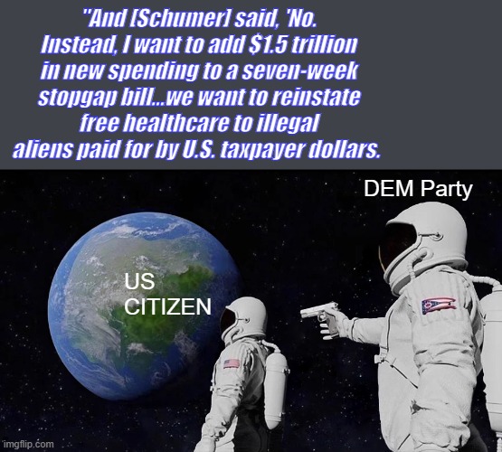Always Has Been | "And [Schumer] said, 'No. Instead, I want to add $1.5 trillion in new spending to a seven-week stopgap bill…we want to reinstate free healthcare to illegal aliens paid for by U.S. taxpayer dollars. DEM Party; US CITIZEN | image tagged in memes,always has been | made w/ Imgflip meme maker