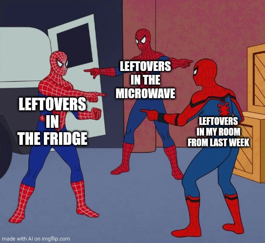 Spider Man Triple | LEFTOVERS IN THE MICROWAVE; LEFTOVERS IN THE FRIDGE; LEFTOVERS IN MY ROOM FROM LAST WEEK | image tagged in spider man triple | made w/ Imgflip meme maker